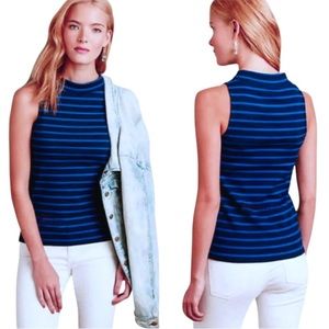 Anthropologie Eiffel Tank Top XLarge 14 16 Blue Mock Turtle Neck Stripes Cotton
